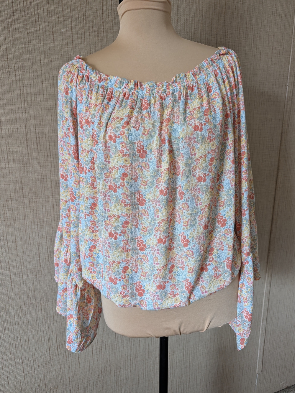 entro Pastel Floral Off-Shoulder Blouse in Coral, Blue & Yellow